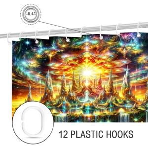 Detail of 3D shower curtain with metal grommets and 12 pieces plastic C-type hooks