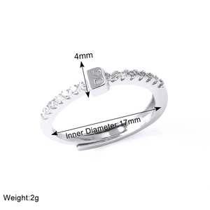 Detailed view of silver letter B ring with dimensions 17mm diameter and 4mm height