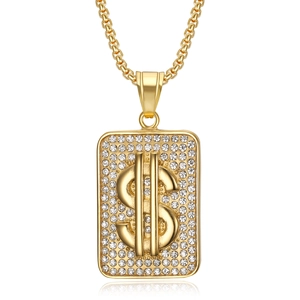 Hip-hop dollar sign pendant necklace in vacuum gold plated steel with iced out rhinestones