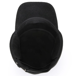 Winter flat top cadet cap in black wool with hidden ear flaps for outdoor warmth