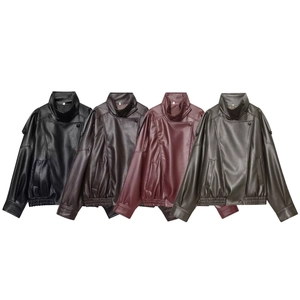 Women Pu Leather Jacket Stand Collar Faux Leather Coat Streetwear Loose Fit Biker Outwear Elastic Hem Zip Up Textured
