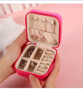 Detail view of pink portable jewelry box with interior necklace hooks and ring slots