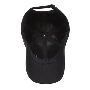 Classic black washed cotton baseball cap showing internal six-panel structure and metal buckle