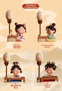 Vue détaillée de quatre figurines de dames de la dynastie Tang avec lampadaires miniatures