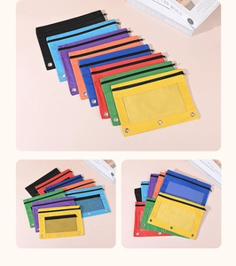 Close-up of 3-ring binder pouch with double zippers and transparent mesh window detail