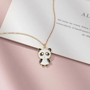 Minimalist panda pendant necklace with gold chain and black white enamel finish