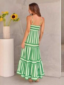 Women backless maxi dress with green and white stripes and elastic pleated back detail