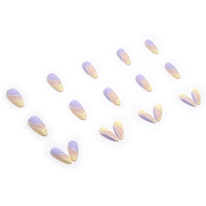 Glossy almond waterdrop press-on nails with colorful abstract wave patterns in a set