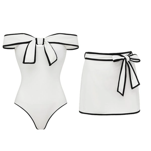 Women Swimsuit And Skirt Bow Contrast Piping V Neck Nylon Polyester Retro Elegant Beachwear
