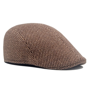 Brown herringbone wool flat cap for men in a classic British style for autumn and winter
