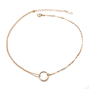 18K rose gold plated choker necklace with asymmetrical double chains and ring pendant