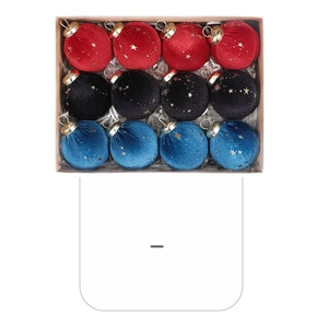 Set of 12 velvet Christmas balls in red, black, and blue with gold star patterns