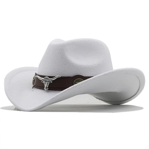 Classic white wool felt western cowboy hat with brown leather belt and bull head accent
