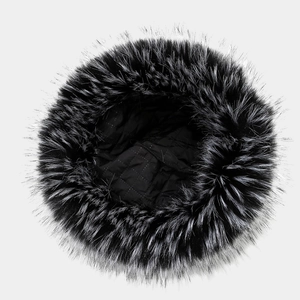 Plush faux fur bucket hat in black with silver tips and quilted lining for winter warmth