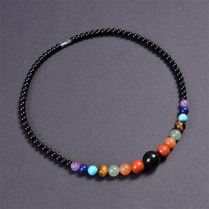 Detail of 6mm black agate beads and seven chakra stones in a circular arrangement