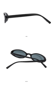 Side and back view of sleek black oval sunglasses with slim temples and dark lenses