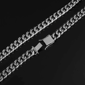 Close-up of 12mm silver iced-out Cuban link chain showing clasp and metal texture