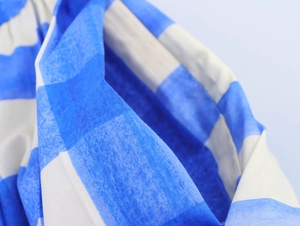 Macro del tessuto a quadretti blu e bianchi che mostra trama e lavorazione dei fili