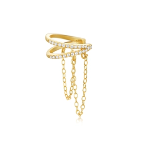 Detail of S925 sterling silver gold ear cuff with double layers and zircon tassels