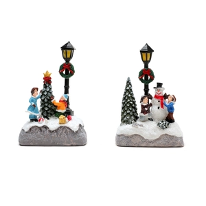Lighted Christmas resin miniature scene with snowman and decorated street lamp decor