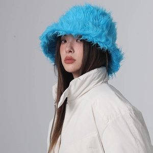 Plush bright blue faux fur bucket hat for women with a warm and stylish winter design
