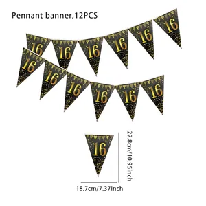 Detail of black and gold 16th birthday pennant banner with size dimensions