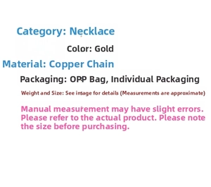 Detailed specifications for copper snake chain necklace with gold finish and packaging info