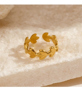 Detailed macro view of an 18K gold-plated stainless steel leaf ring on a stone background