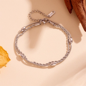 Double-layered stainless steel twist and snake chain bracelet with metallic beads