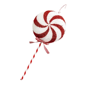 Sparkly red and white lollipop Christmas tree ornament with glitter finish and striped bow