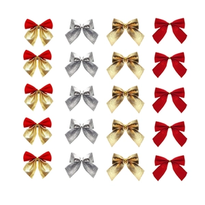 Set of 20 Christmas tree bow ornaments in red, gold, and silver on white background