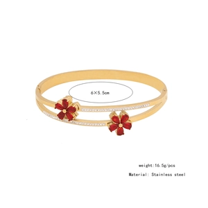 Detailed specs of double-layer gold flower bracelet: 6x5.5cm size and 16.5g stainless steel