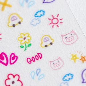 5D cute cartoon nail stickers with hand-drawn car and flower patterns on matte base