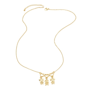 Gold necklace with three heart charms and little boy and girl pendants with zircon stones