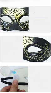 Detail of masquerade mask featuring gold glitter patterns and black elastic strap