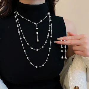 Collier Et Boucles D'Oreilles Vintage En Imitation Künstliche Perle Pendentif Goutte D'Eau Chaîne En Y Tige En Argent Femmes