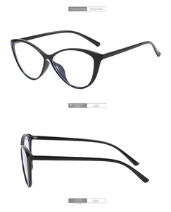 Three-angle views of black cat-eye sunglasses with detailed frame and blue light lenses