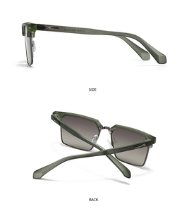 Detail view of olive green sunglasses with metal accents and gray gradient lenses