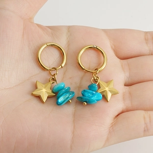 Gold stainless steel hoop earrings featuring star pendants and green natural stones