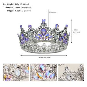 Detailed size chart for baroque bridal crown featuring purple rhinestones and dimensions