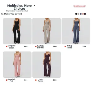 Cross-back flared yoga bodysuit set available in black, brown, blue, pink, and purple