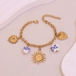 Golden sun and heart pendant bracelet with blue floral ceramic beads for women
