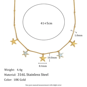 Detailed specs of 18K gold starfish necklace with dimensions and 316L steel material