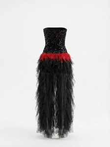 Detailed close-up of sequined bodice with vibrant red feather accents on a black evening gown