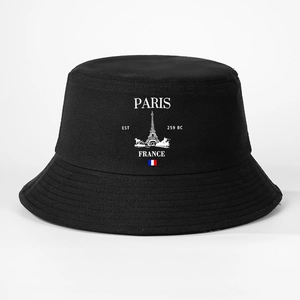 Detail of Paris Eiffel Tower print and embroidery on black casual sun bucket hat
