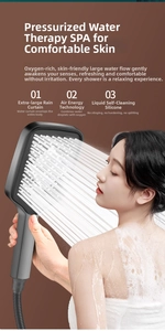 Detail of high pressure handheld shower head spraying a fine water mist in matte grey