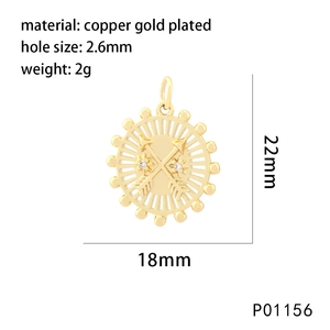 Detailed dimension drawing of a gold brass pendant with arrows and sparkling zircon stones