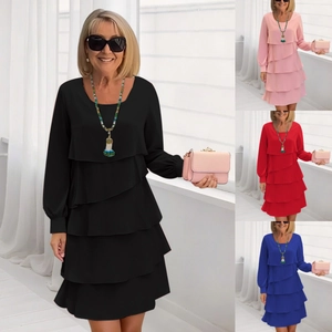 Abito Midi A Balze Elegante A Tinta Unita Da Donna Girocollo Maniche Lunghe Ampio Casual In Poliestere
