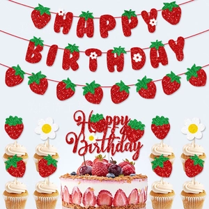Décoration Fête Anniversaire Fraise Bannière Papier Pailleté Décoration Gâteau Cupcake Toppers Thème Fruit Pour Enfants Rouge Vert