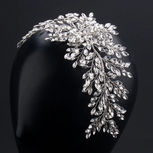 Sparkling silver crystal bridal headband with handmade flower and leaf metal wire design